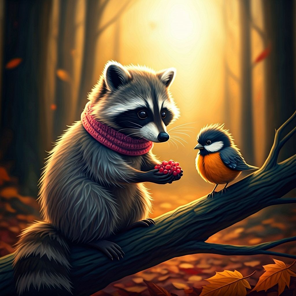 Whimsical Raccoon Shares Berries with Bird in Autumn Forest