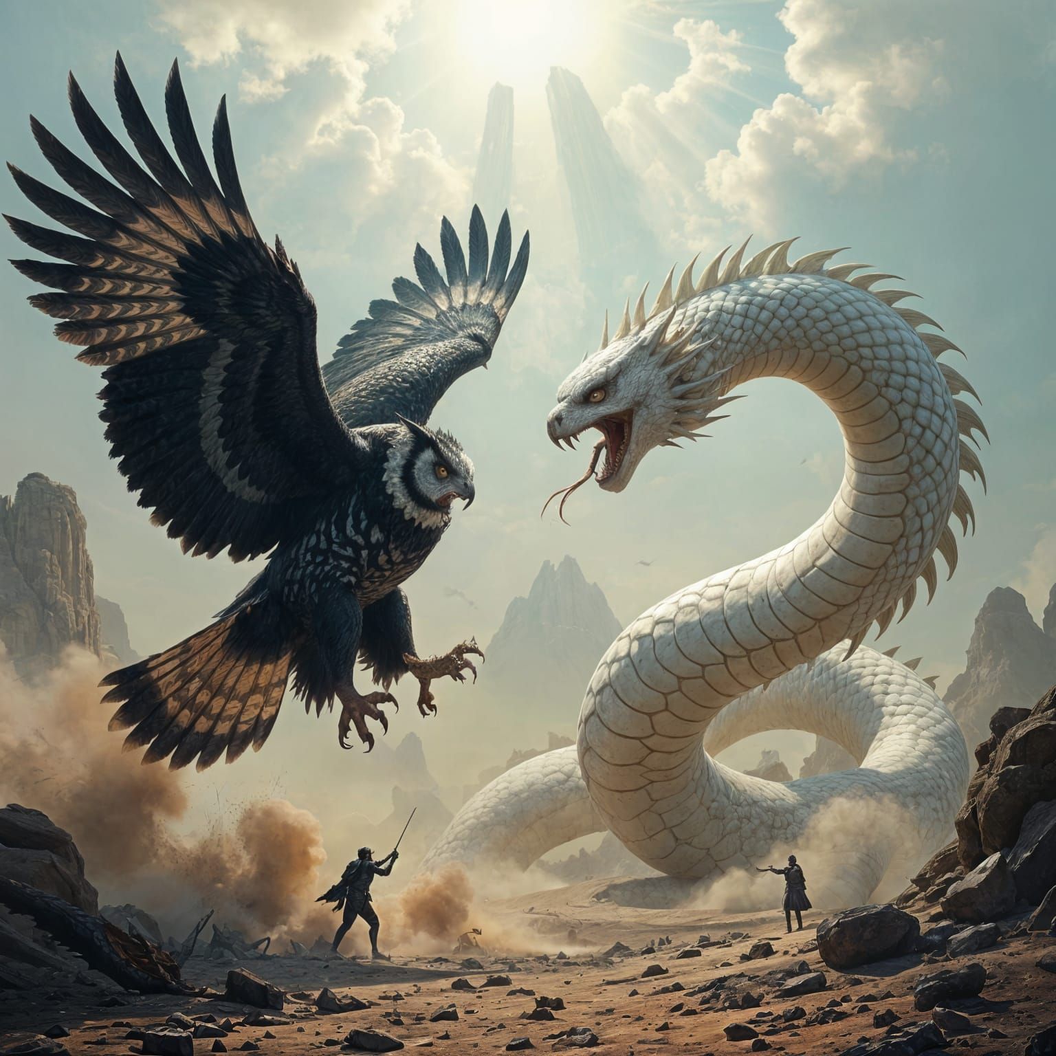 Epic Kaiju Battle: Owl Versus Serpent in Hyperdetail