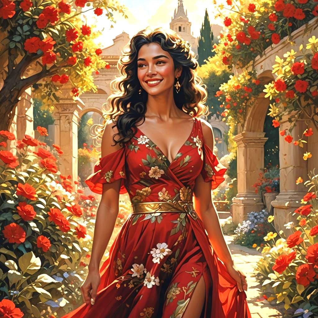 Beautiful Greek Woman in Garden, Detailed Digital Painting