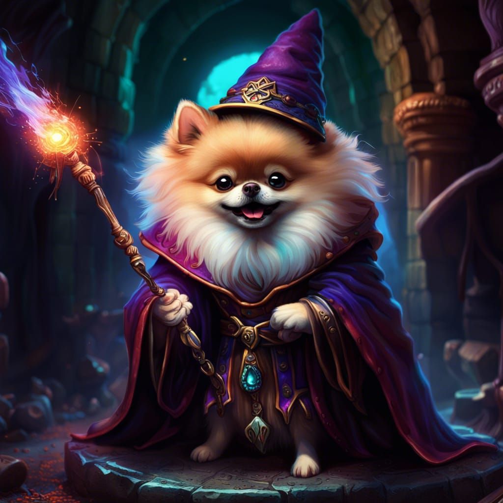 Pomeranian Wizard Casting Spells in Dungeon
