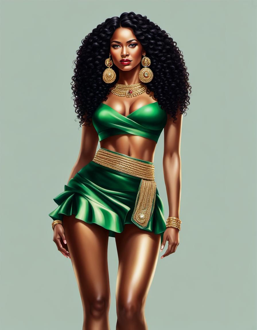 Colombian Woman in Gold Miniskirt, Hyperrealistic Image