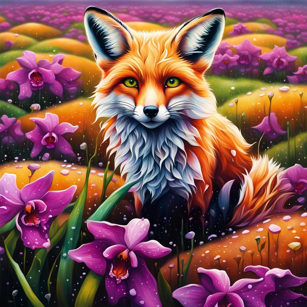 Fox in Rainy Orchid Field: Graffiti Street Art