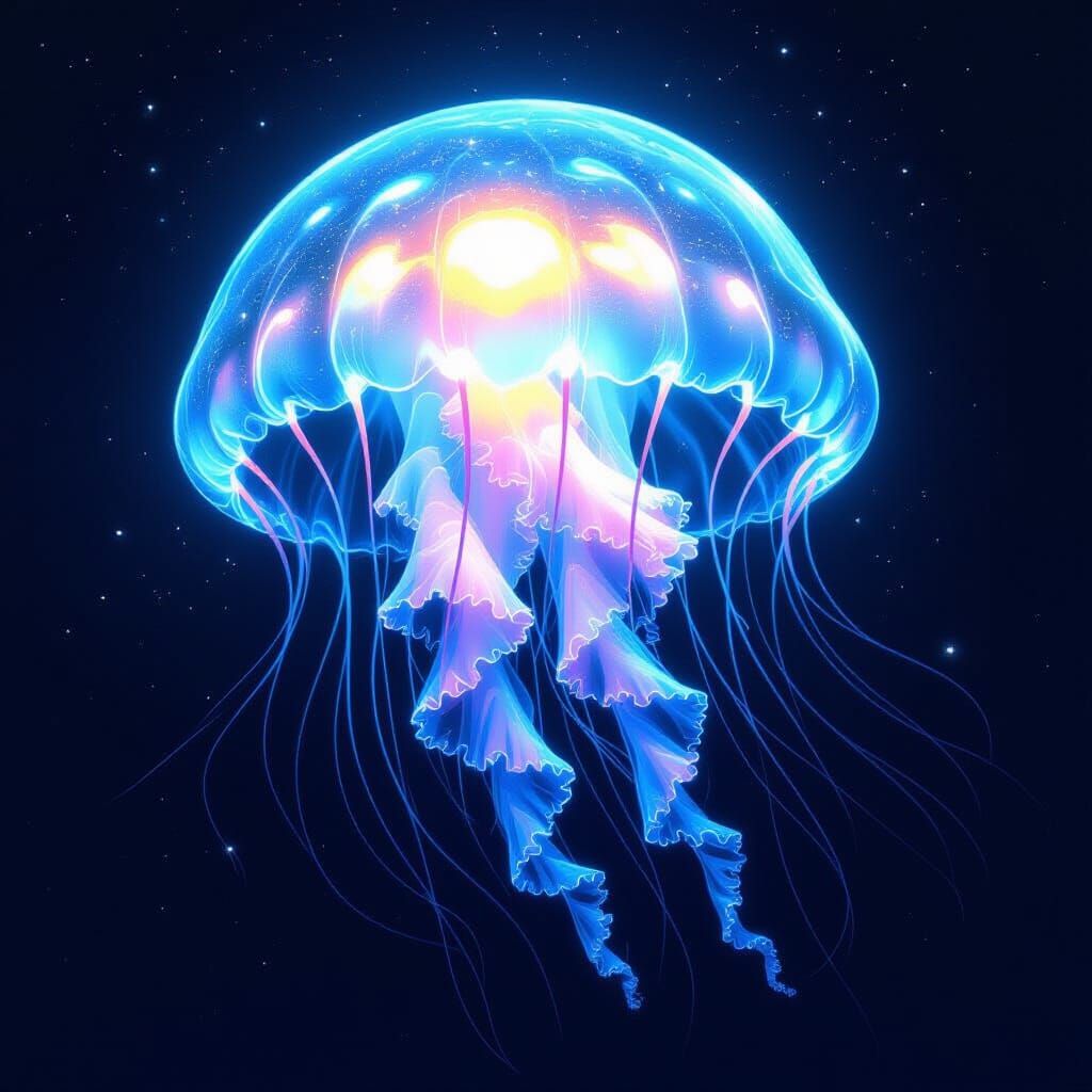Bioluminescent Jellyfish Floats Through Deep Space