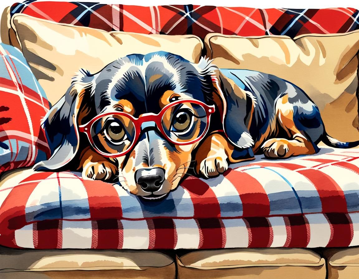 Sleeping Dachshund Puppy in Watercolor Painting