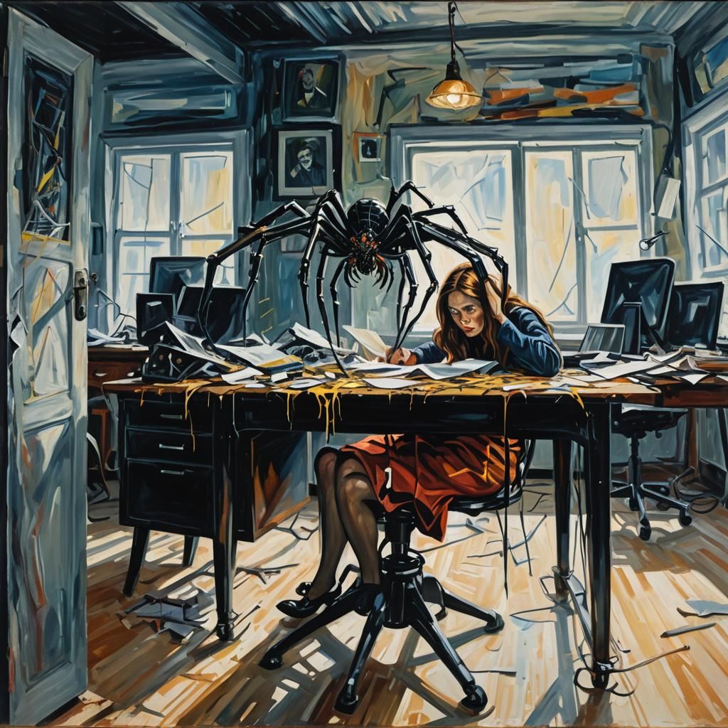 Terrified Woman Hiding from Spider in Expressionist Painting
