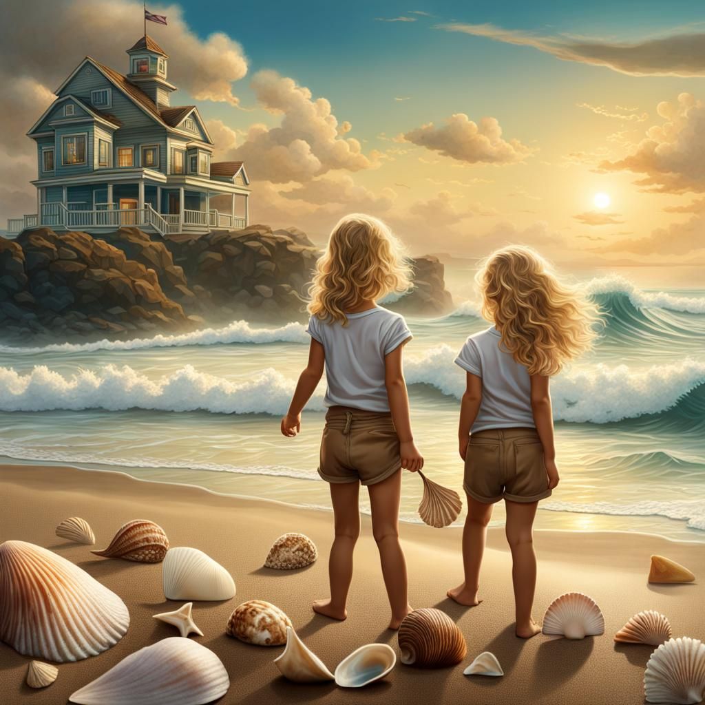 Girls Playing on Beach with Seashells: Fantasy Concept Art