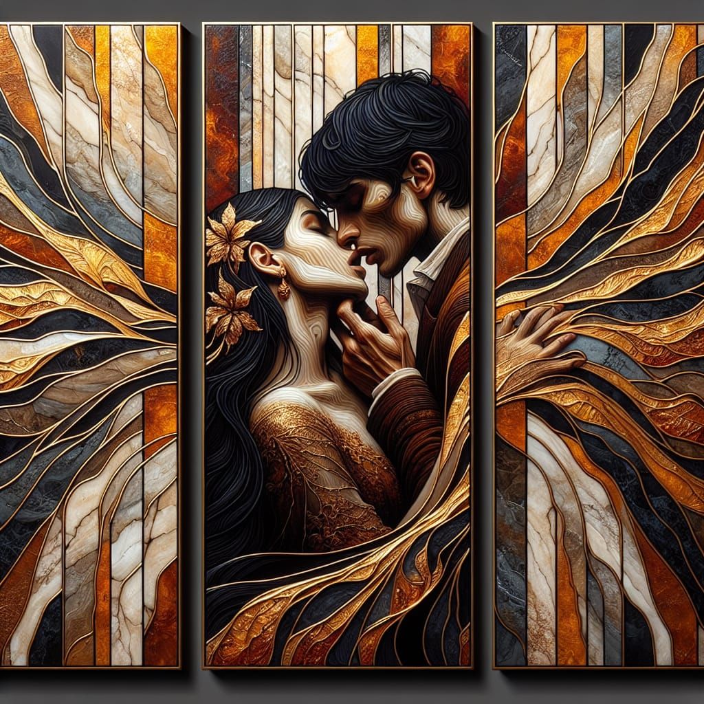 Triptych, Romero Britto style with wide gold lines at bounda...