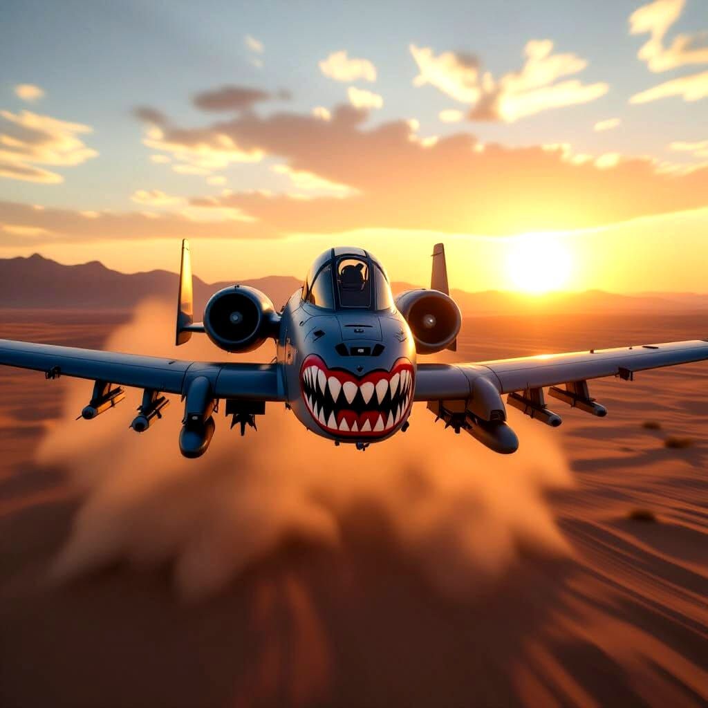 A-10 Thunderbolt II Flies Low Over Desert Sunset