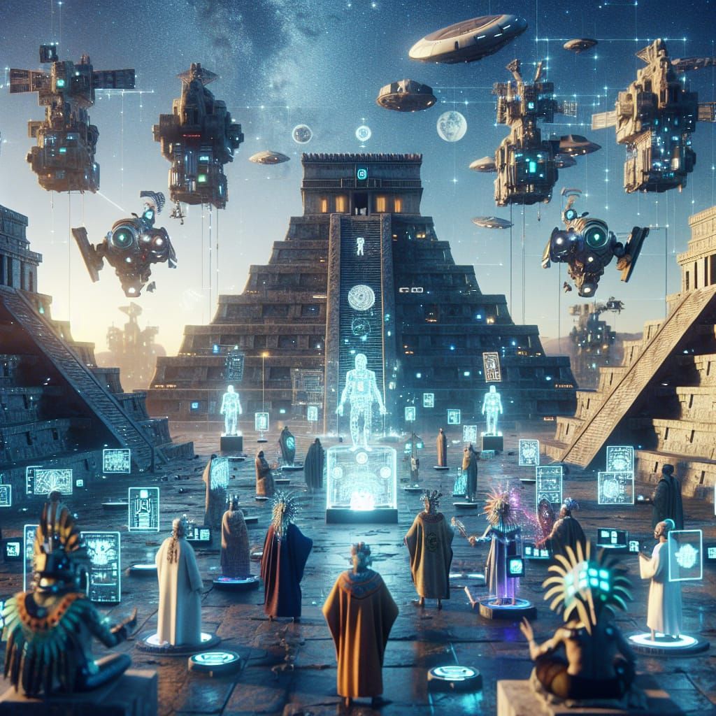 Futuristic Aztec City with Holographic Structures