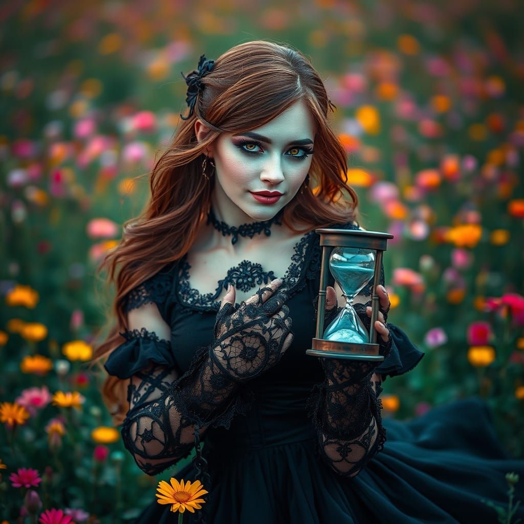 Gothic Woman with Hourglass in Spring Flower Field