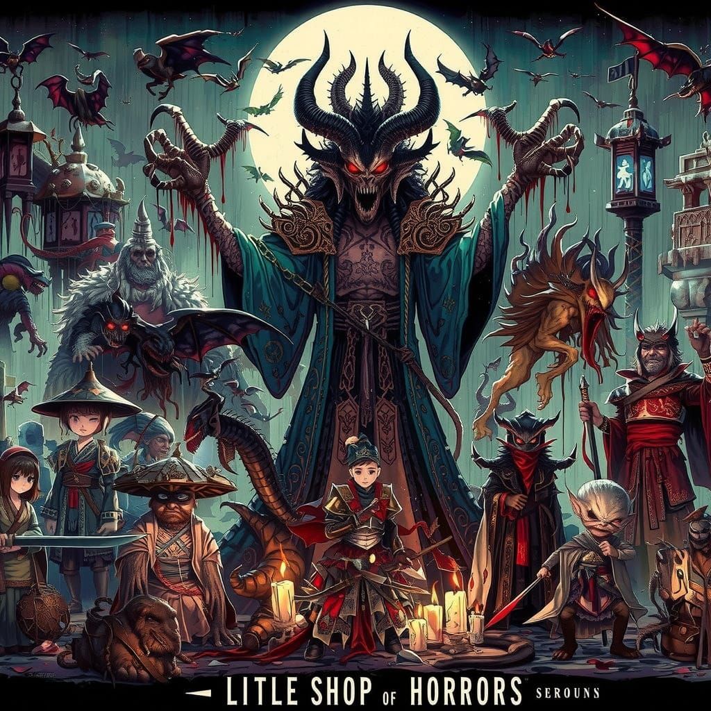 Gothic Fantasy Battle Scene with Ronin and Monsters