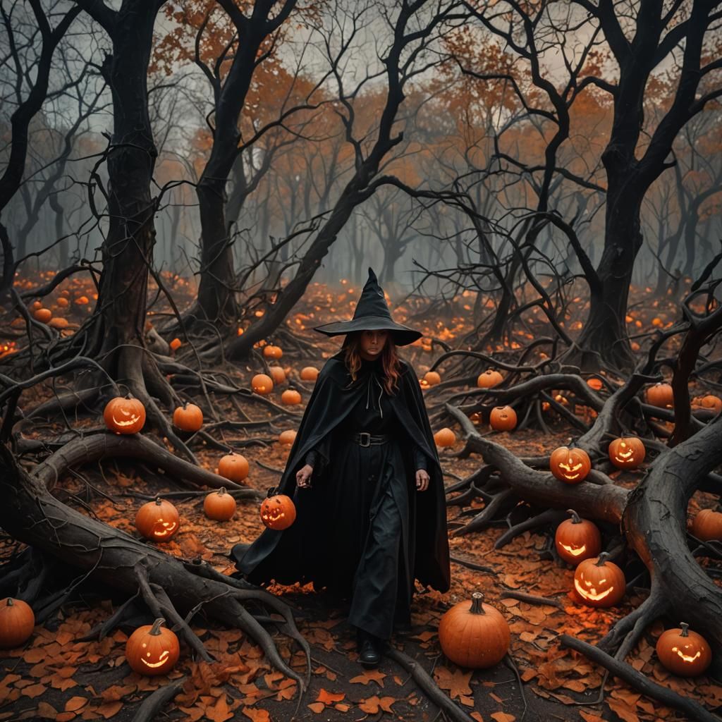 Eerie Witch Cackles in Pumpkin Forest at Dusk