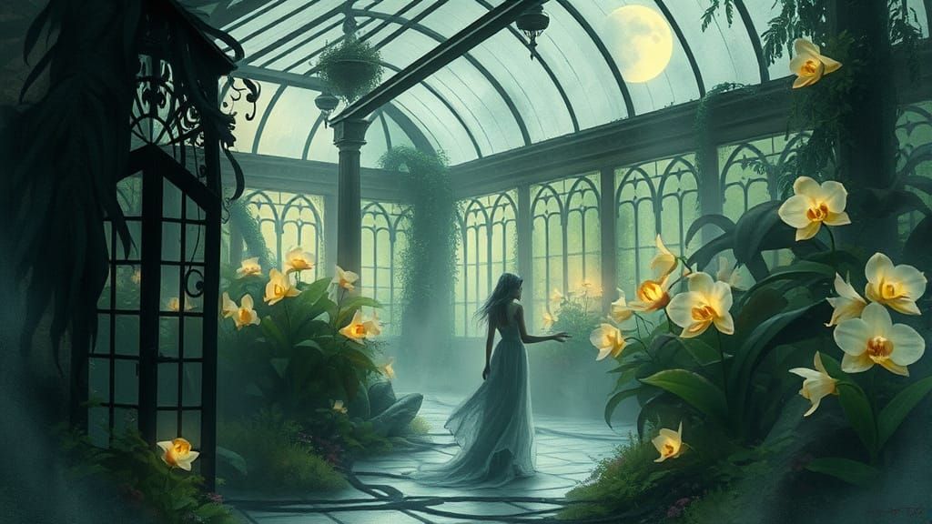 Spectral Figure in Moonlit Victorian Greenhouse