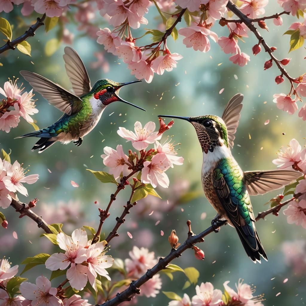 Hummingbird Touches Cherry Blossom: Double Exposure