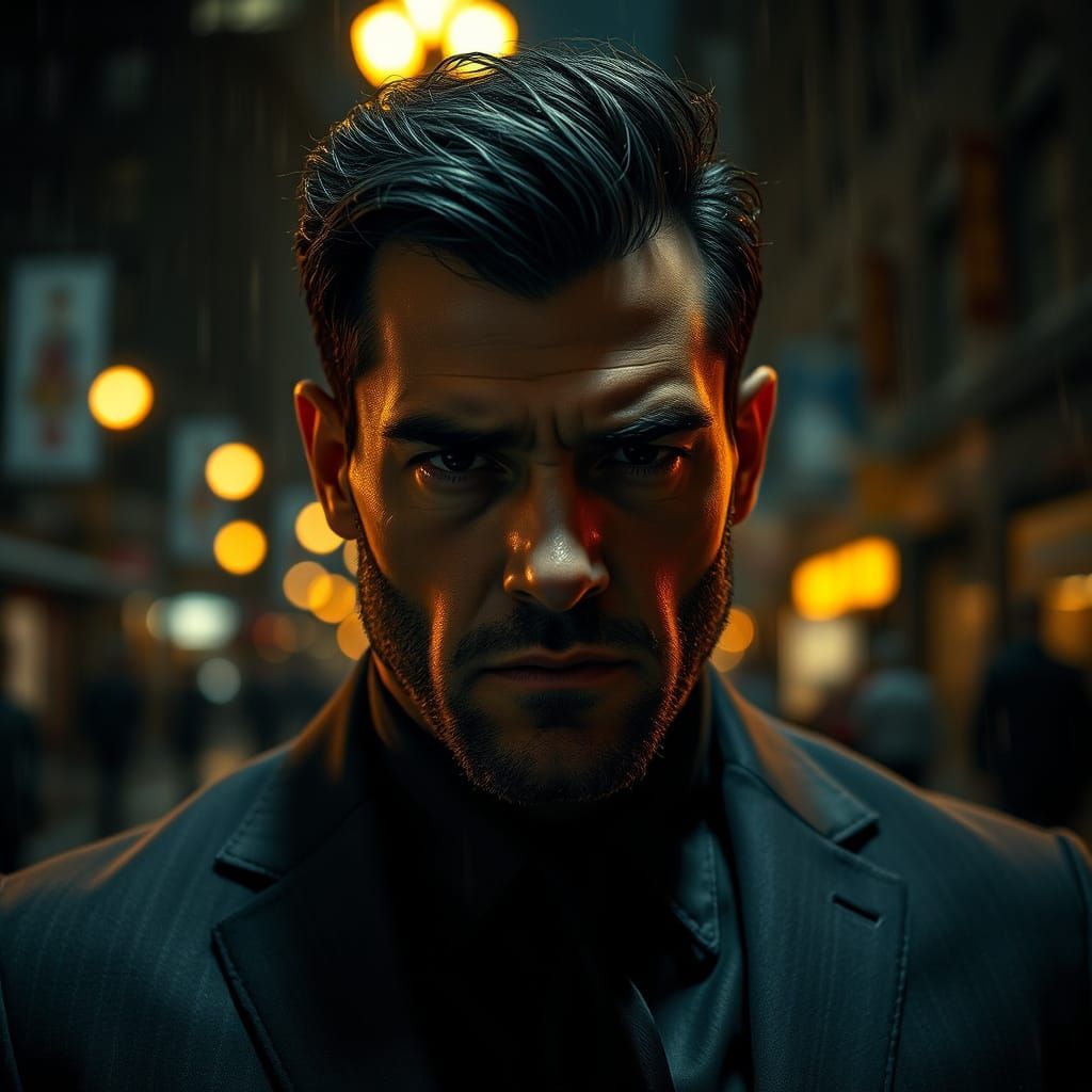 Mysterious Dark-Haired Man Illuminated by Lamplight