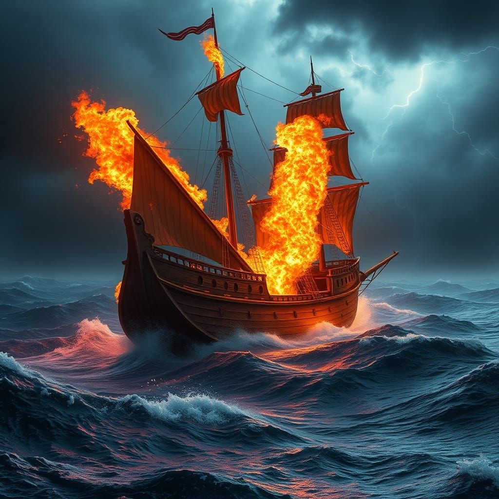 Burning Sailing Ship on Stormy Sea