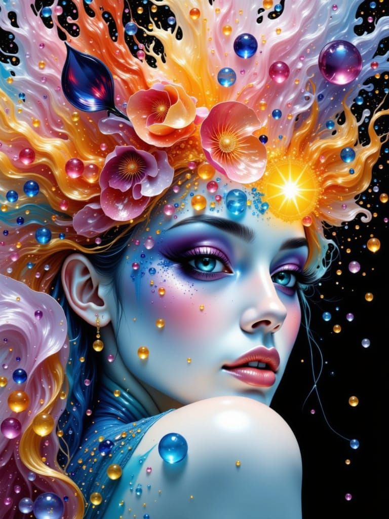 Woman Surrounded by Magic Droplets in Hyperrealistic Style