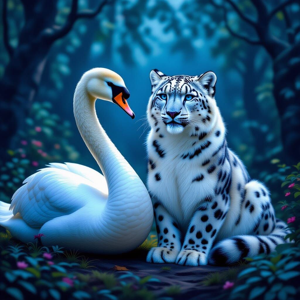 Swan and Leopard in Renaissance-Style Forest