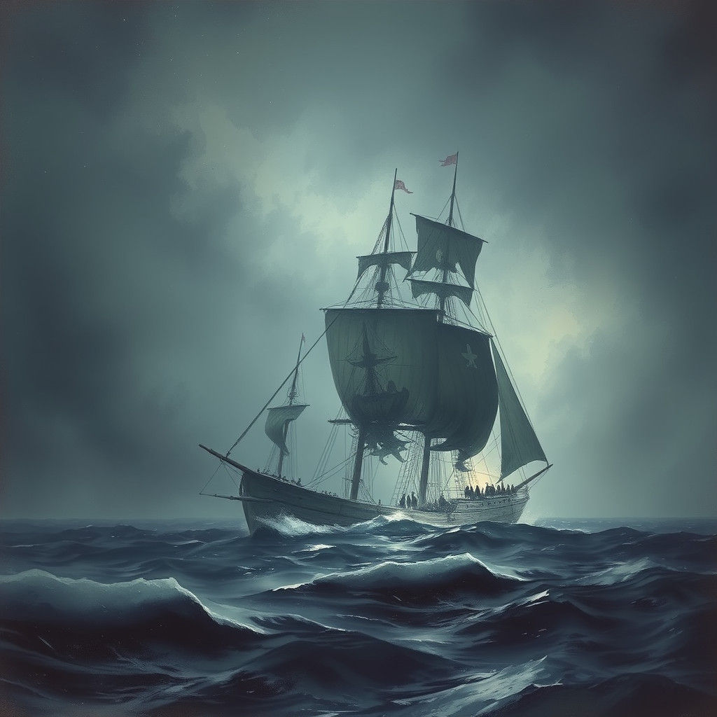 Ghost Pirate Ship Sailing in Arctic Horror Style