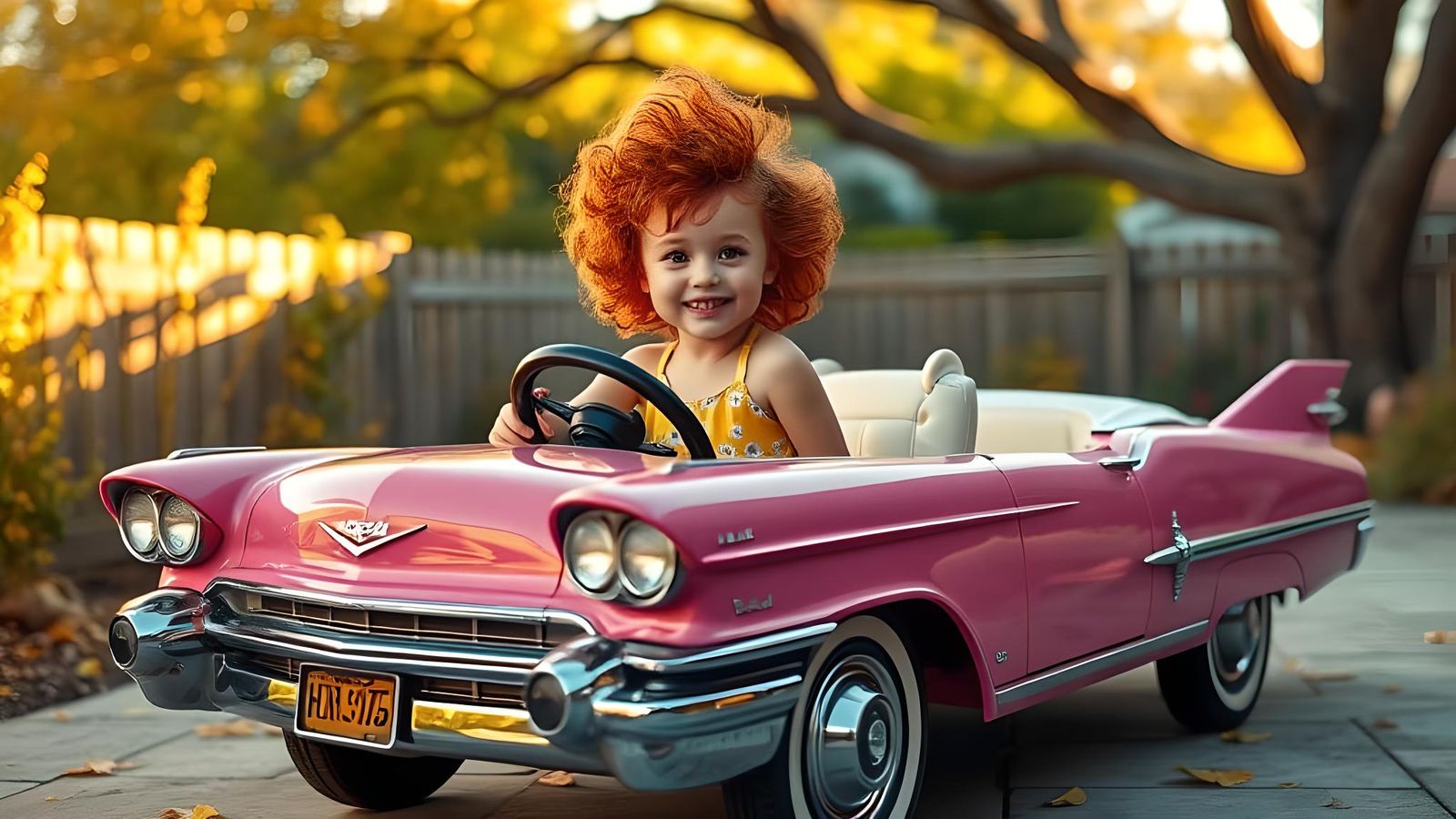 Girl in Pink Cadillac: Oil Painting, Golden Hour