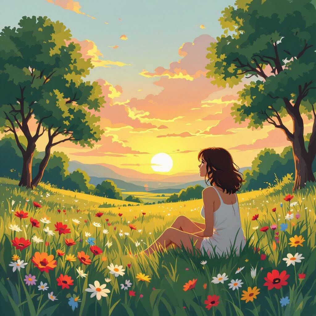 Woman Enjoys Sunset in Nature, Comic Art Style