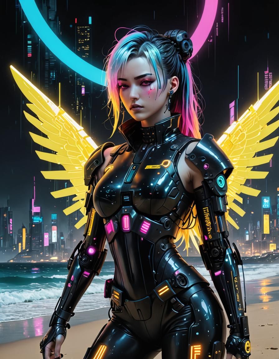 Iridescent Black Bubbles at the Beach in Cyberpunk Style