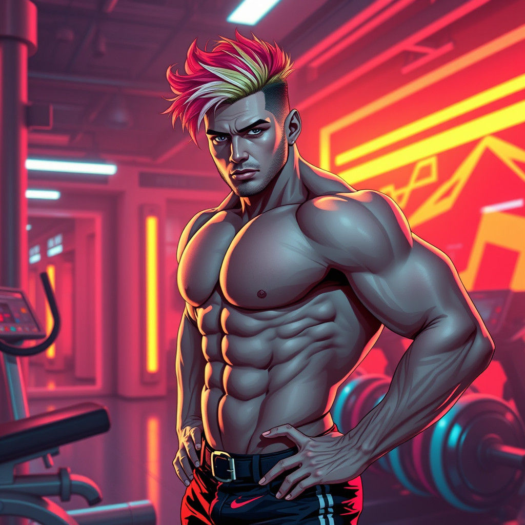 Vibrant Gay Man Posing in Futuristic Gym