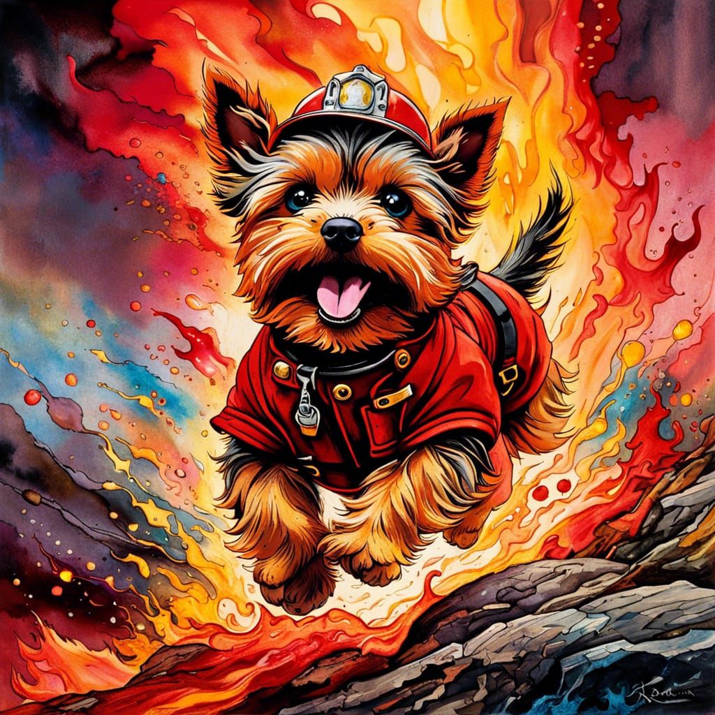 Yorkie Fireman Escaping Wildfire in Splash Art Style