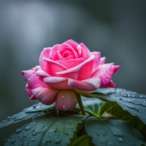 Pink Rose with Raindrops in Hyperrealistic Style