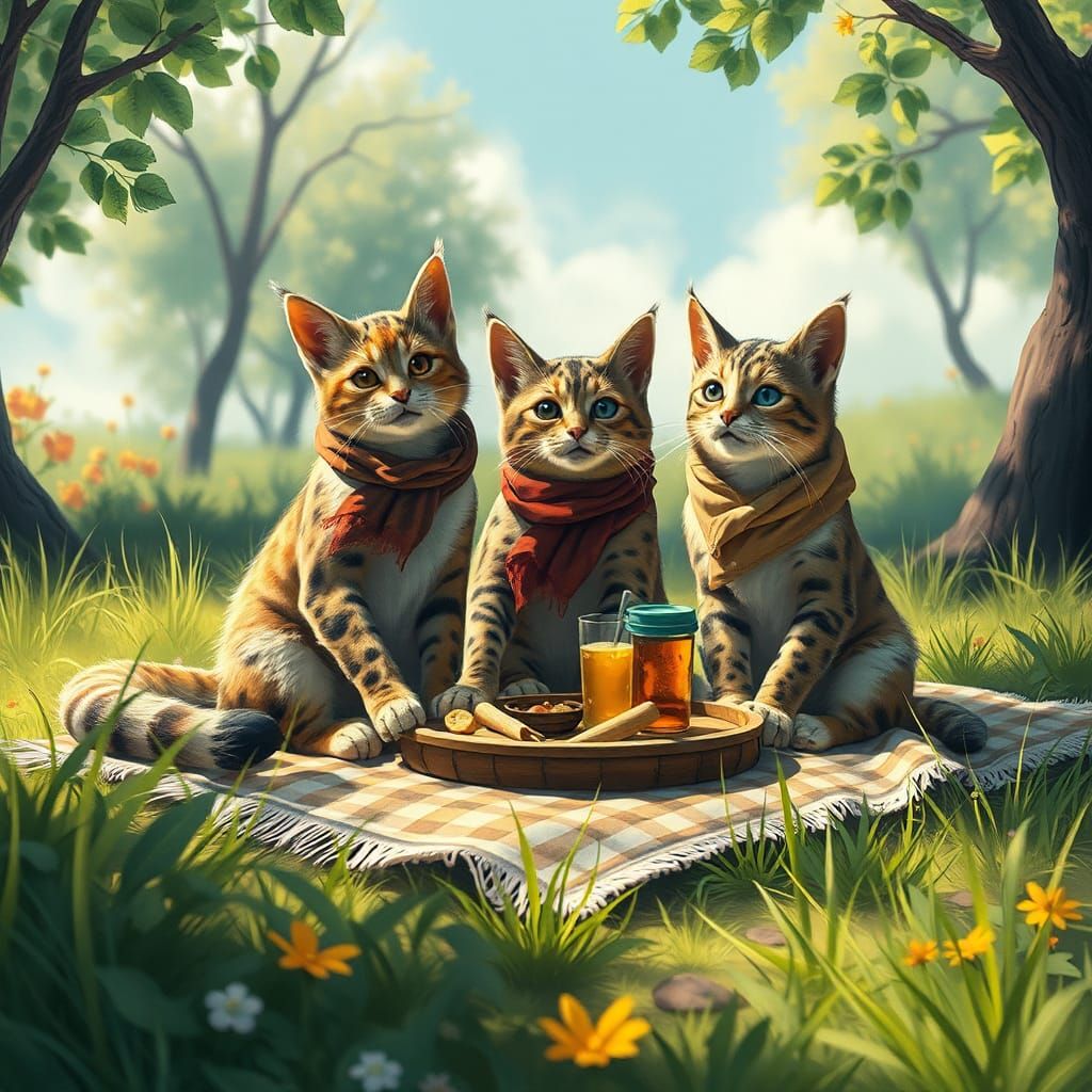 Cats Having a Picnic in a Meadow