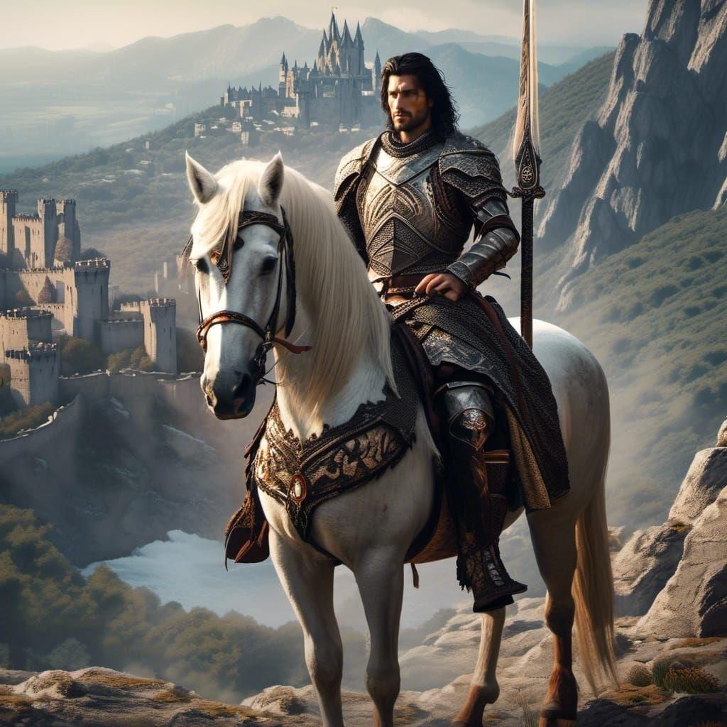 A very handsome dark haired medieval warrior, intricately de...