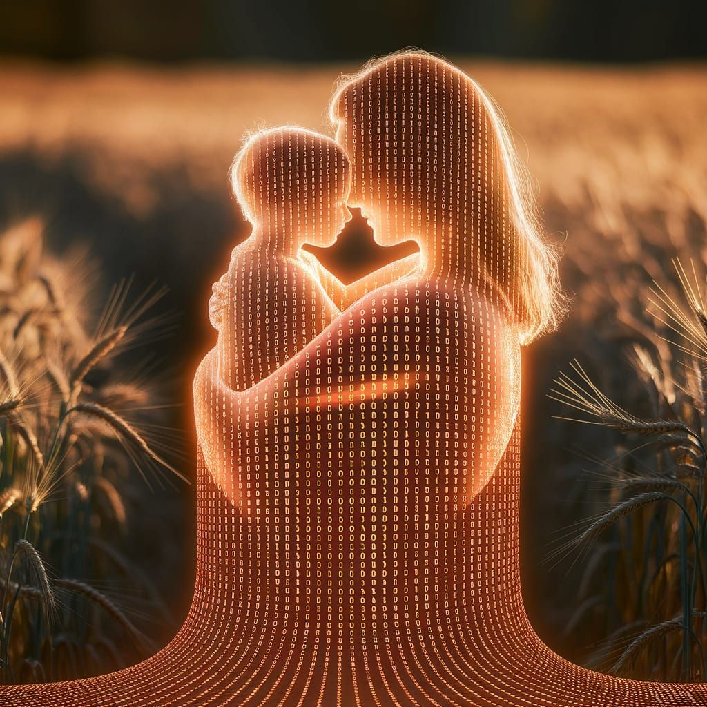 Binary Mother and Child Embrace in Wheat Field