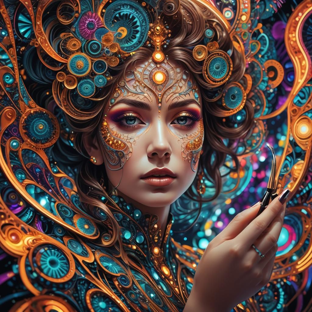 Fractal Art: Woman Applying Makeup in Mirror