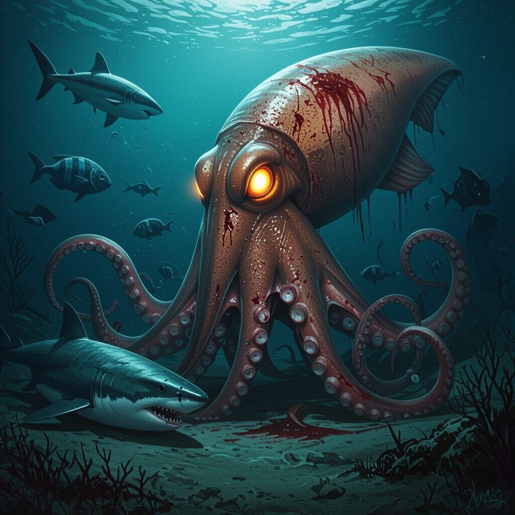Menacing Giant Squid in Dark Underwater Scene