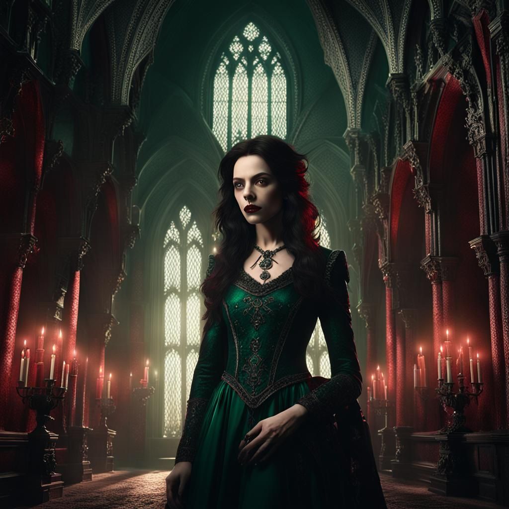 Brunette Vampire in Gothic Castle: Matte Painting