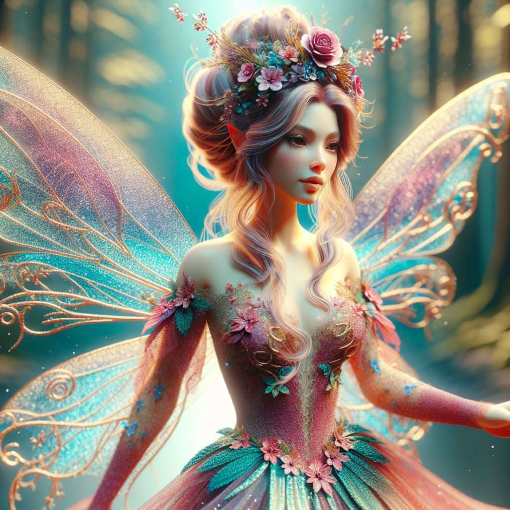 Disney Pixar style 3D stunningly beautiful Fantasy fairy enchantress, long hair in an updo, a flower crown, wearing a sp...