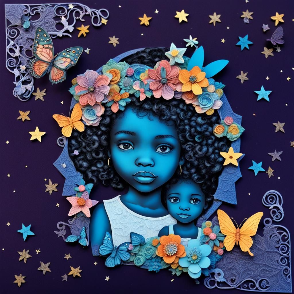 Cute Child with Kitten in Graphic Paper Art