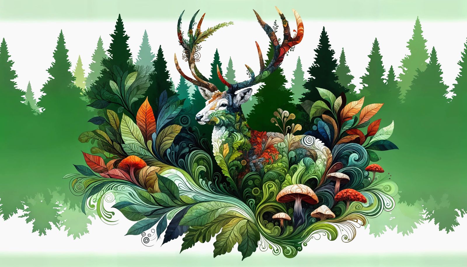 Mystical Stag Adorned with Forest Objects in Watercolor Styl...