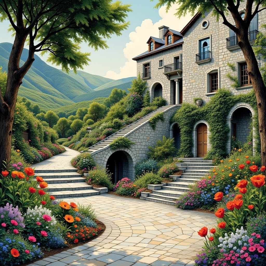 European Garden Path with Collage and Impressionistic Elemen...