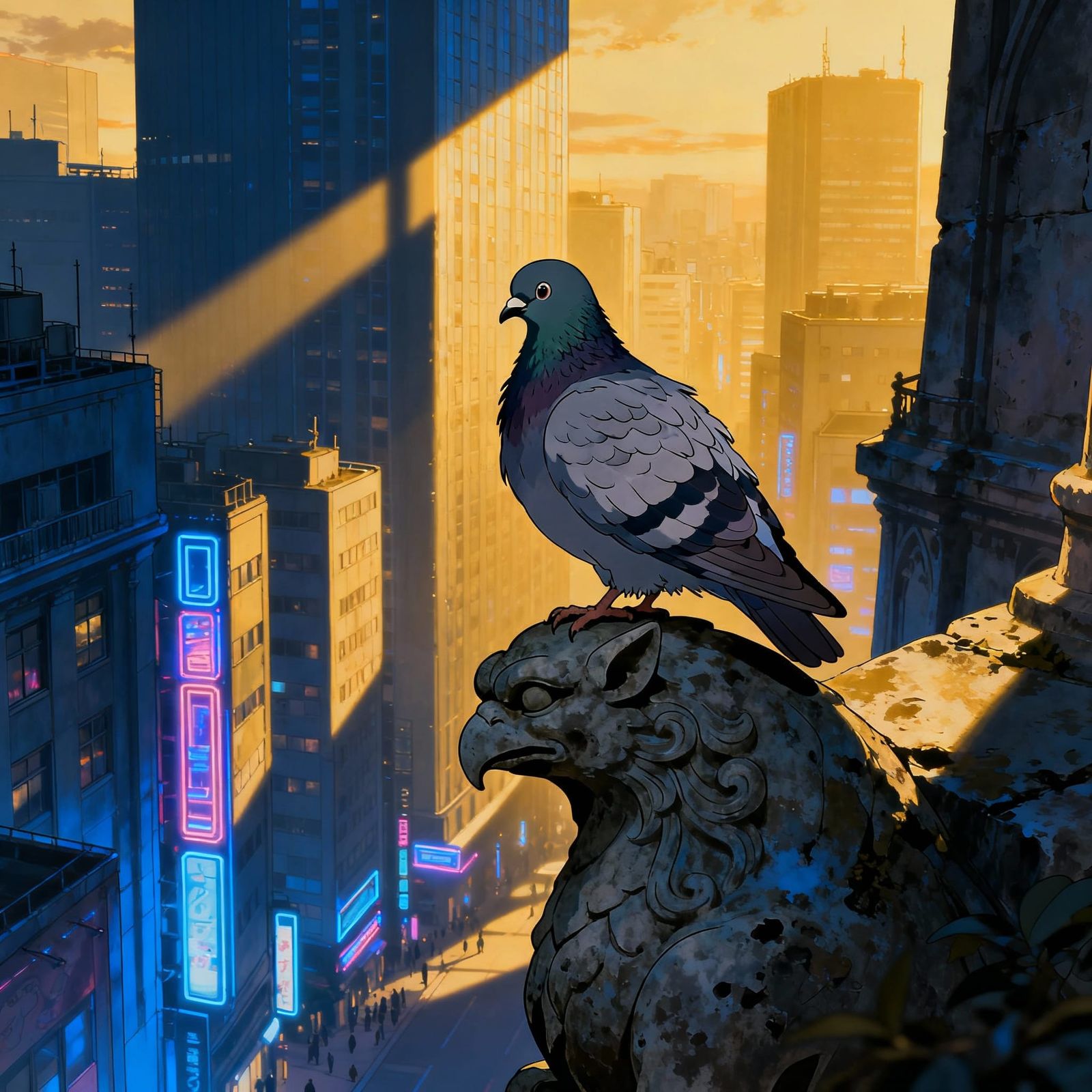 Pigeon on Gargoyle Overlooking Anime City at Dusk