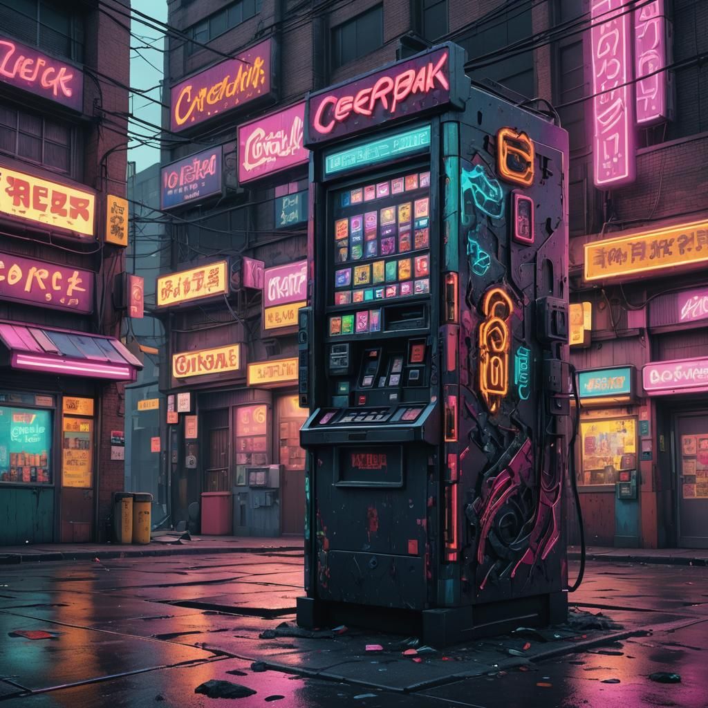 Cyberpunk Vending Machine in Run-Down Neon Strip Mall