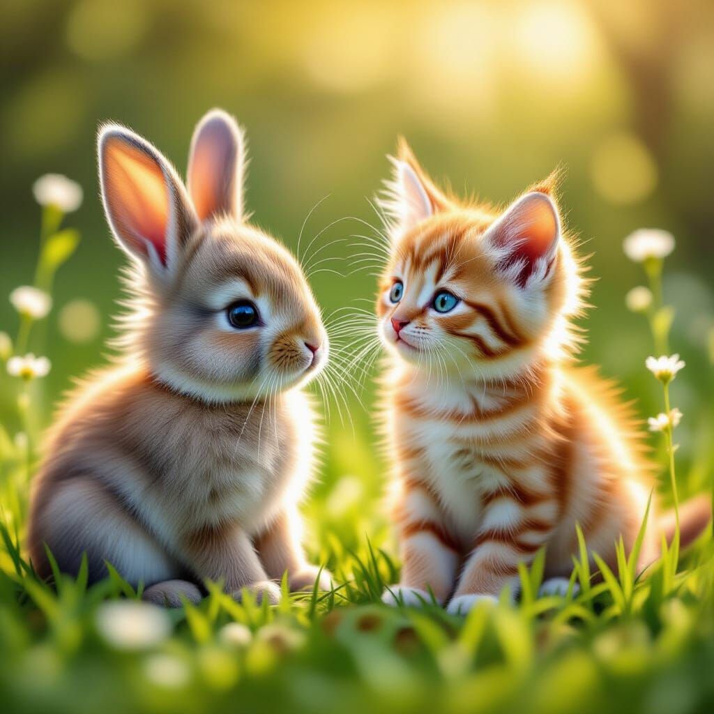 Fluffy Bunny and Kitten in Sunlit Meadow