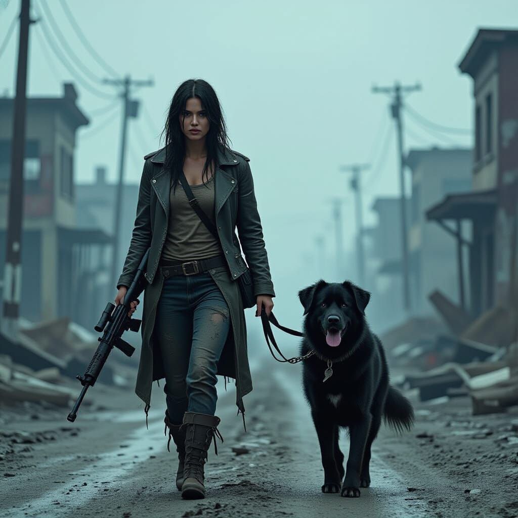 Woman Walks Through Ruined City: Dystopian Art