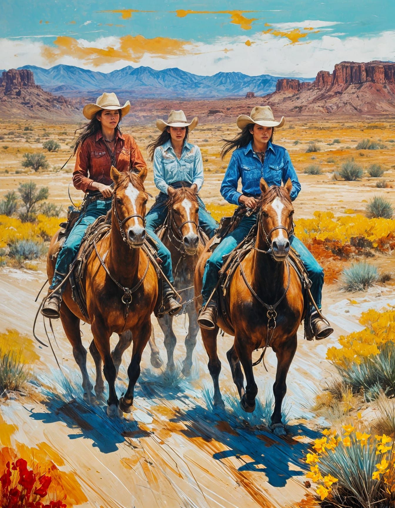 Cowgirls in Desert Landscape Abstract Expressionist Oil Pain...