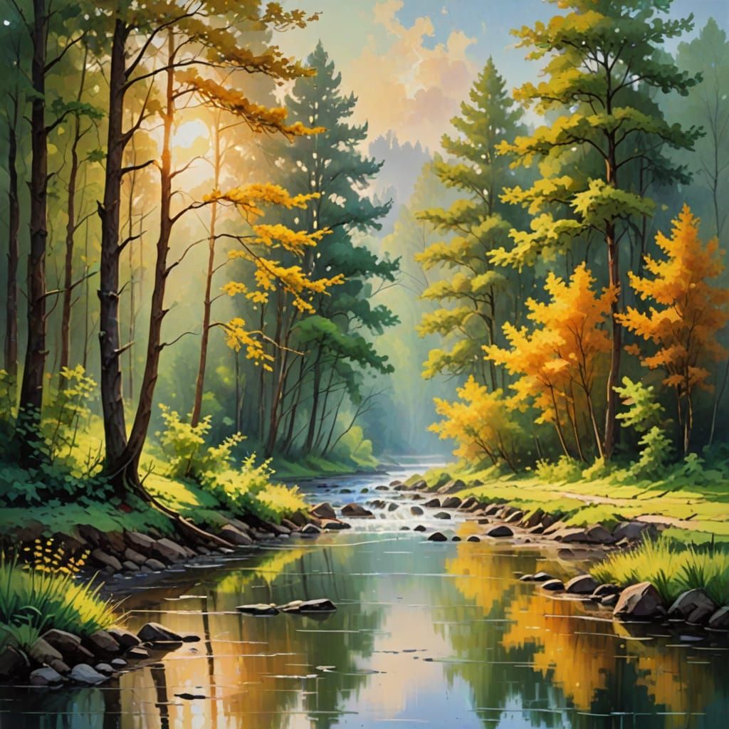 River Flows Through Forest: Impressionist Landscape