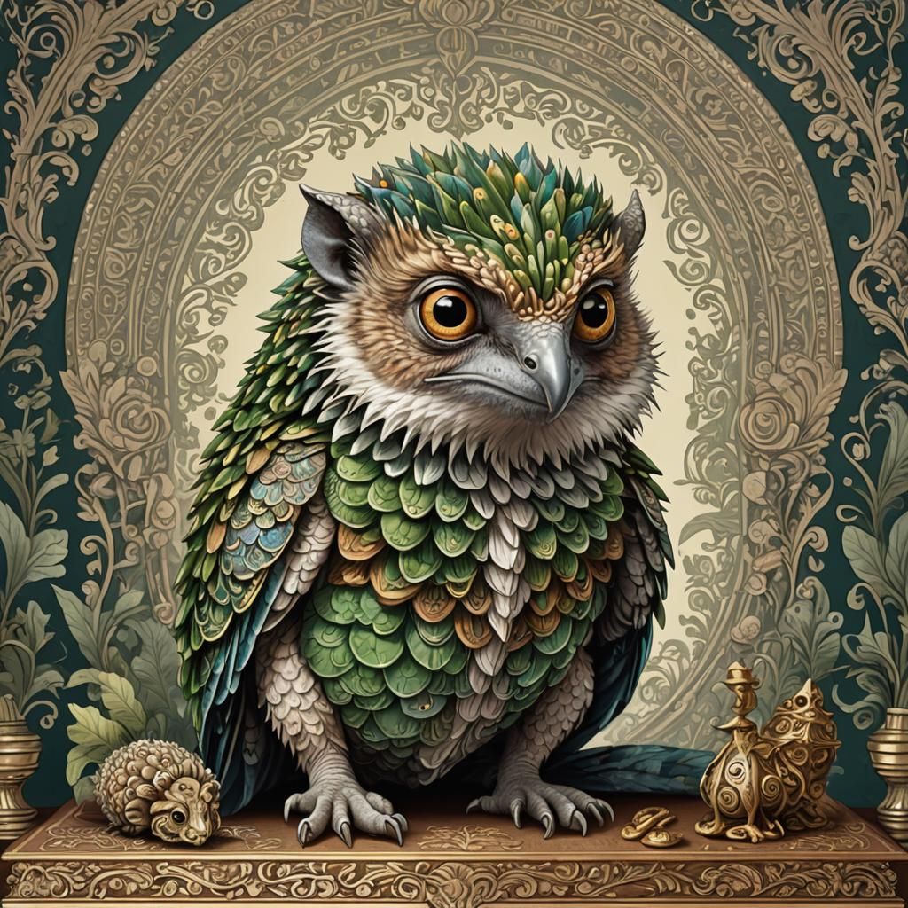 Chameleon-Hedgehog-Owl Hybrid on Ornate Desk