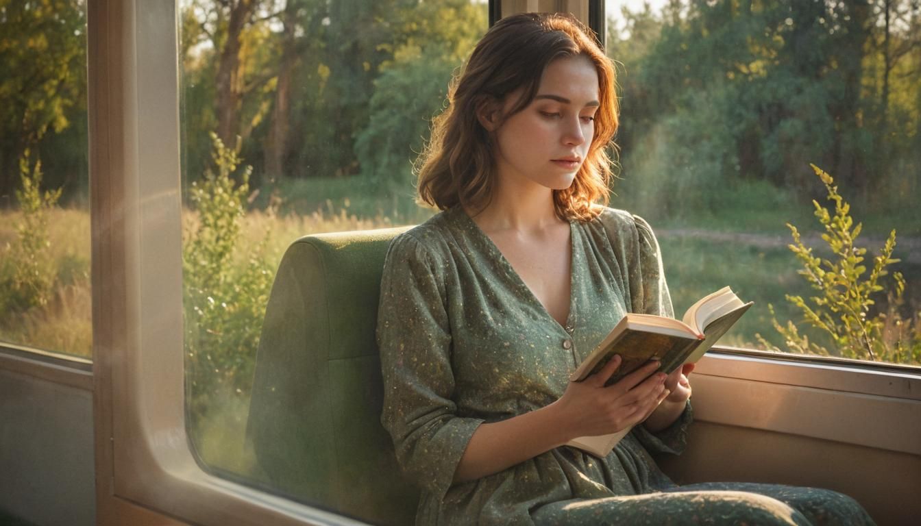Impressionistic Woman Reading on Train at Sunset
