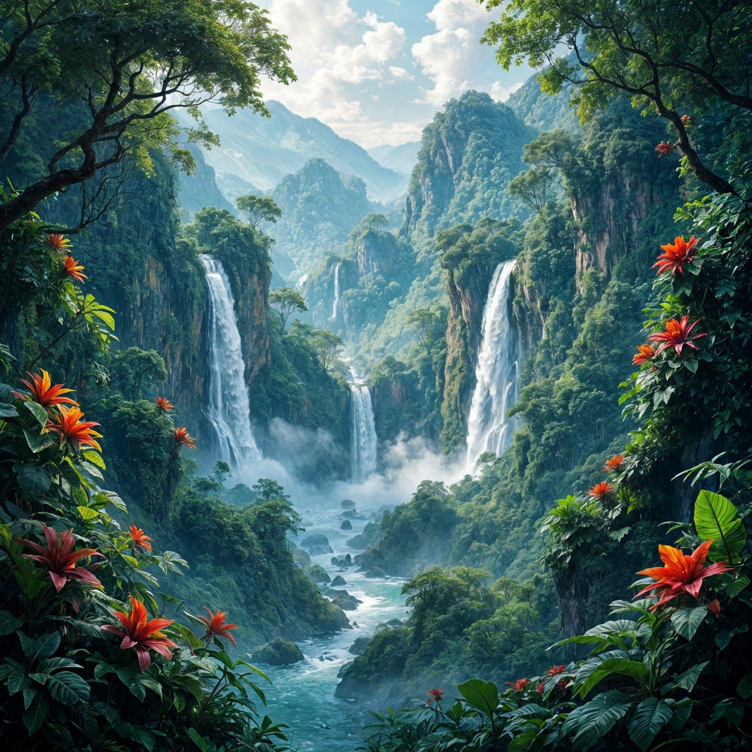 Lush Rainforest Valley with Towering Waterfalls