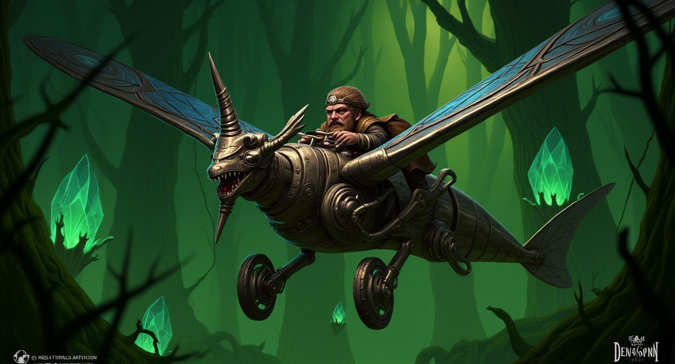 Steampunk Dragonfly Aircraft with Dwarf Pilot