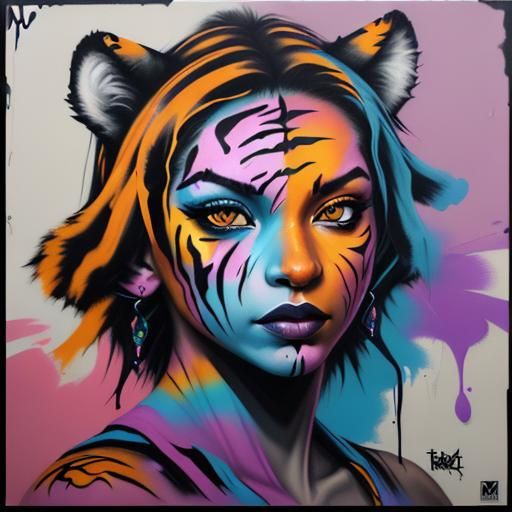 Polychromatic Woman-Tiger Hybrid in Graffiti Style